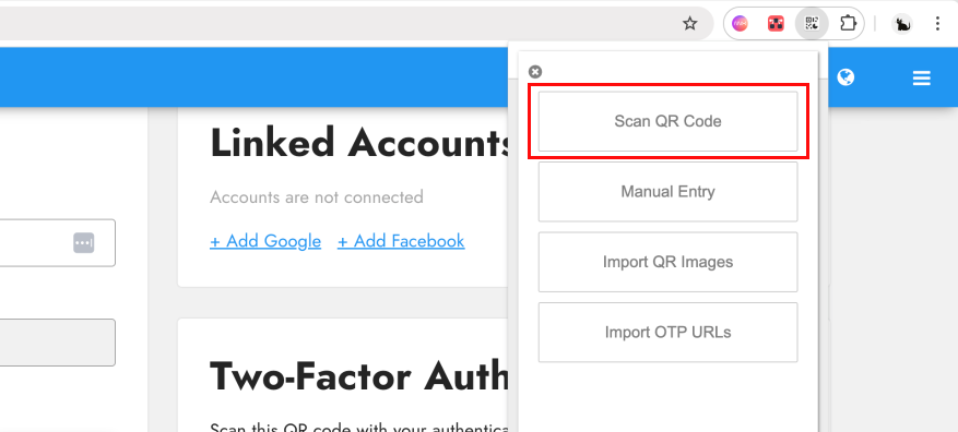 QR kodo skanavimo pasirinkimas authenticator programoje